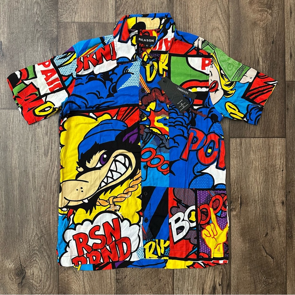 REASON Comic Strip Graphics Art Viscose Lightweight Shirt Mens Sz M  Multicolour